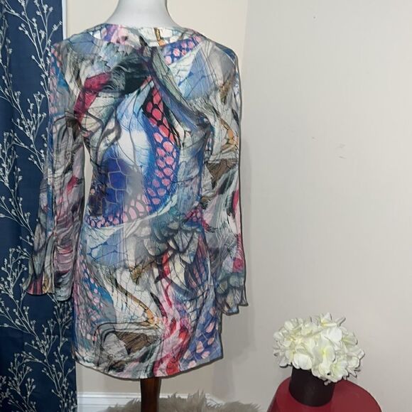 Anthropologie | Anthro Leifdottir Silk Bell Sleeve Square Neck Abstract Dress 0 - Picture 4 of 10